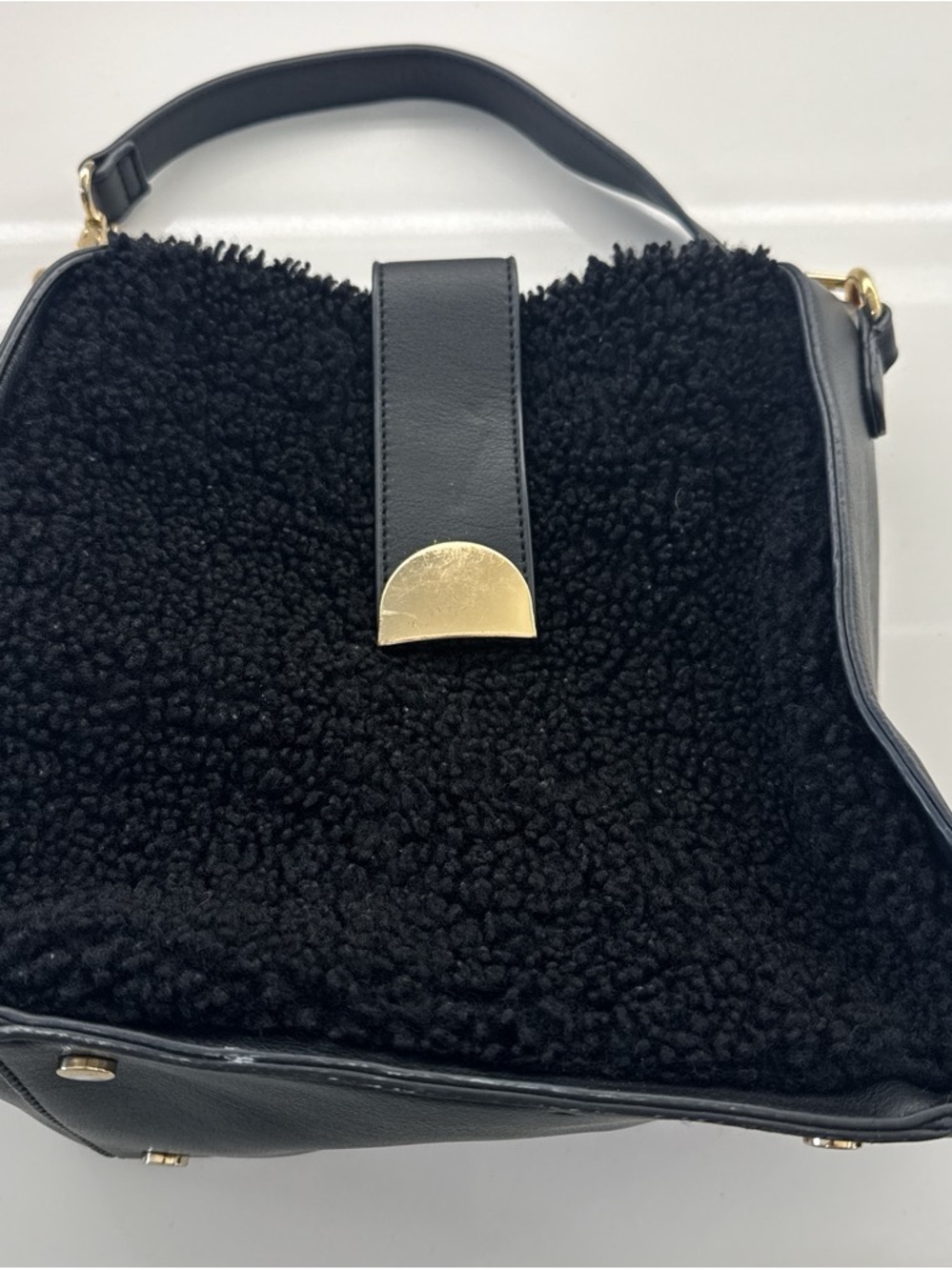 Sole Society Black Sherpa Shoulder Bag with Gold Accent